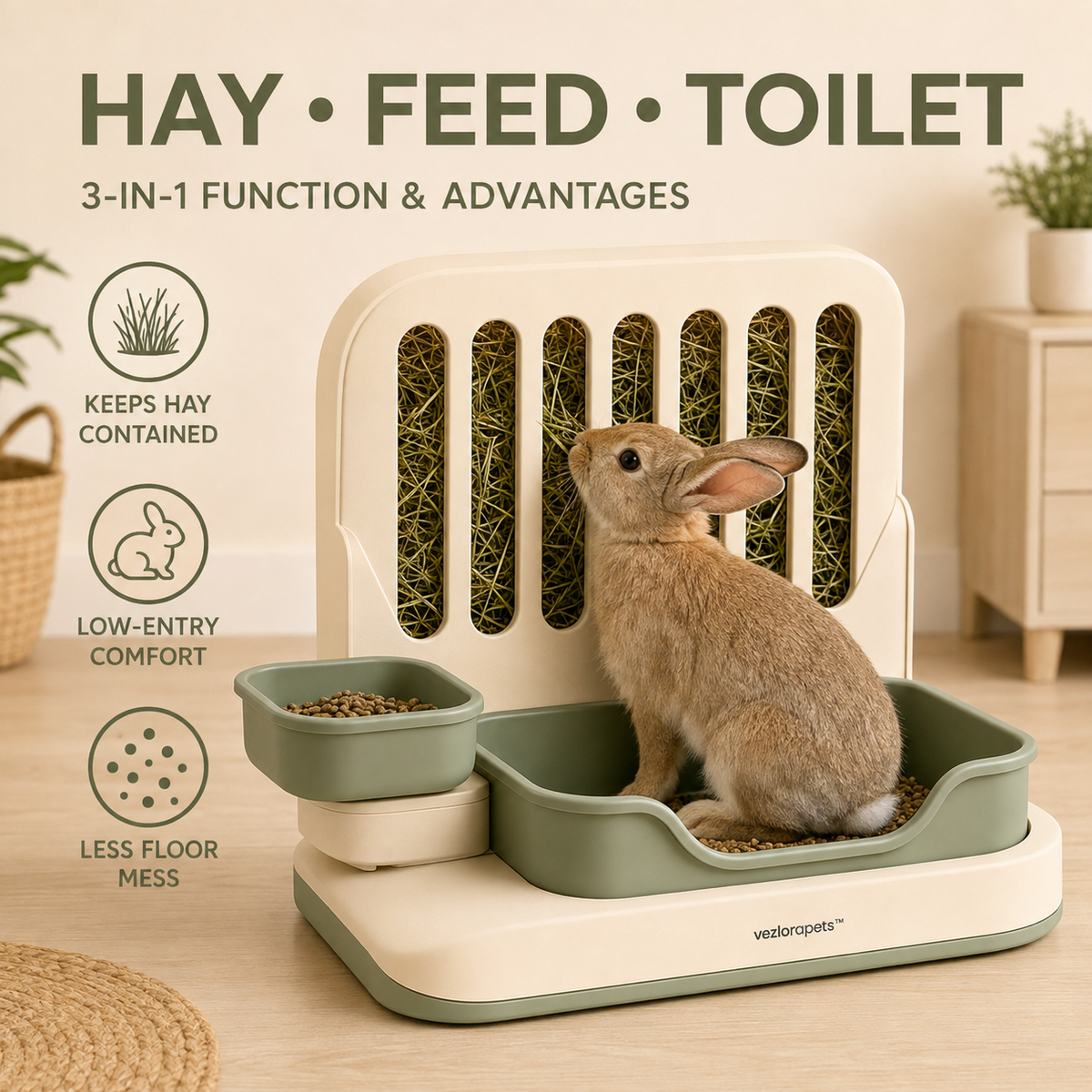 Vezlorapets™ MeadowMate Rabbit Hay & Litter Station — Modular 3-in-1 Feeding Area
