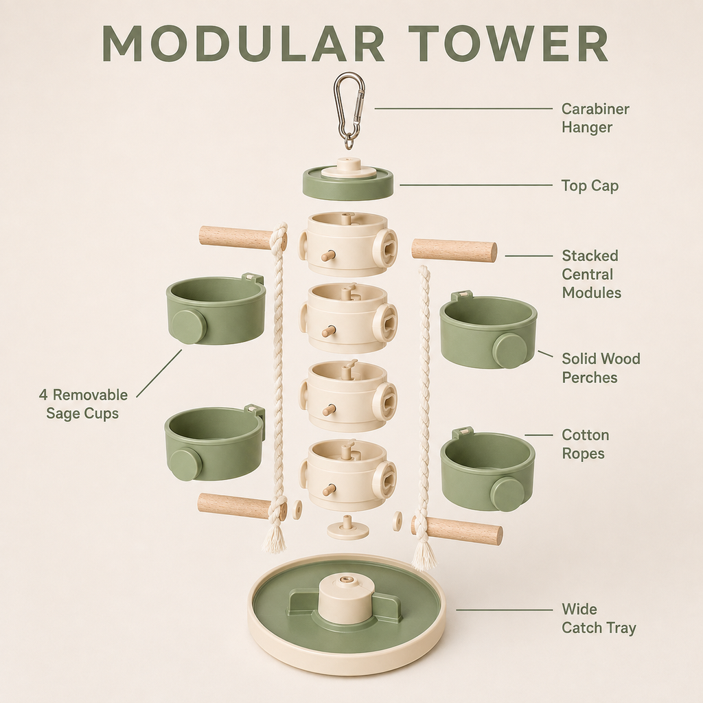 Vezlorapets™ FeatherQuest Bird Foraging Tower — Rotating Enrichment Toy