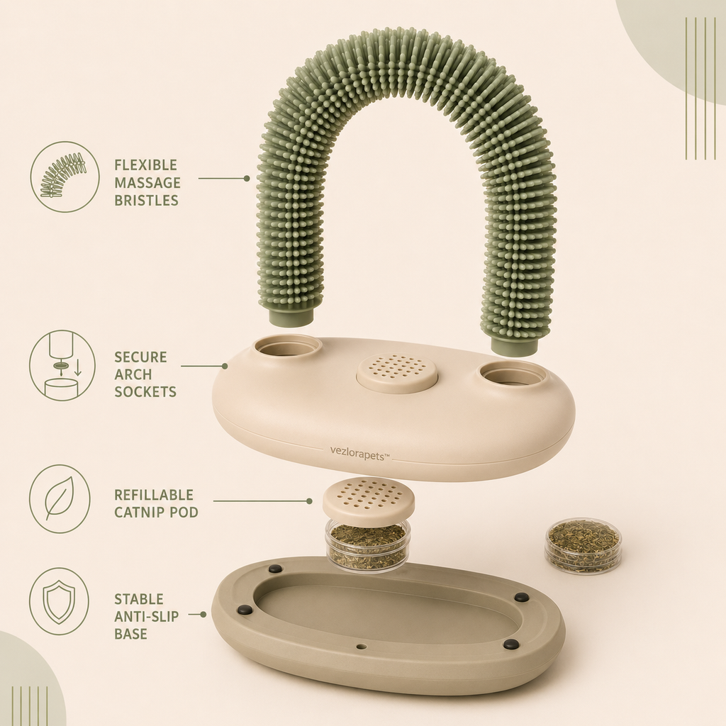 Vezlorapets™ PurrArc Cat Self-Grooming Station — Flexible Bristle Arch with Catnip Pod