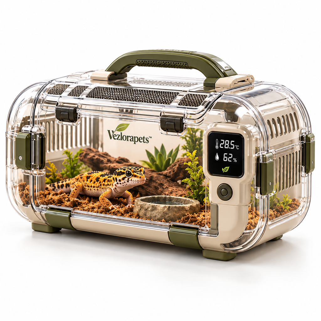 Vezlorapets™ TerraTrip™ Climate Travel Pod – Portable Temperature & Humidity Monitoring Habitat Carrier for Reptiles & Amphibians