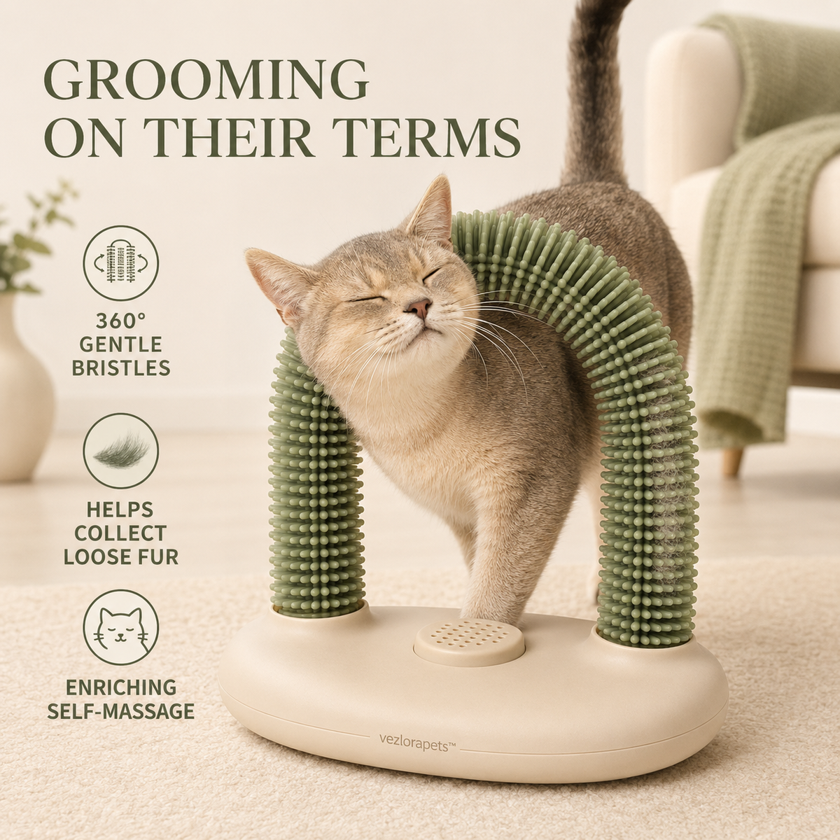 Vezlorapets™ PurrArc Cat Self-Grooming Station — Flexible Bristle Arch with Catnip Pod