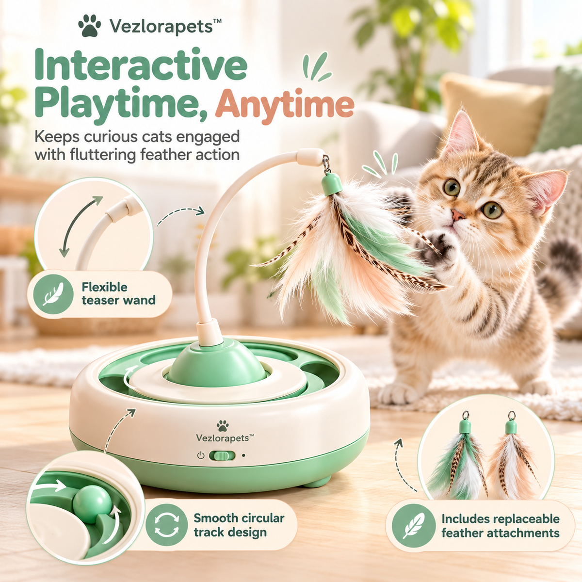 Vezlorapets™ WhirlFeather Interactive Cat Toy — Rotating Feather Teaser for Indoor Play