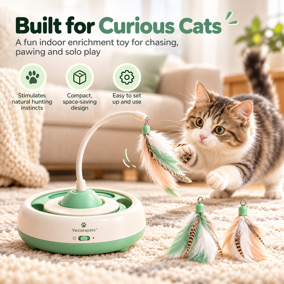 Vezlorapets™ WhirlFeather Interactive Cat Toy — Rotating Feather Teaser for Indoor Play