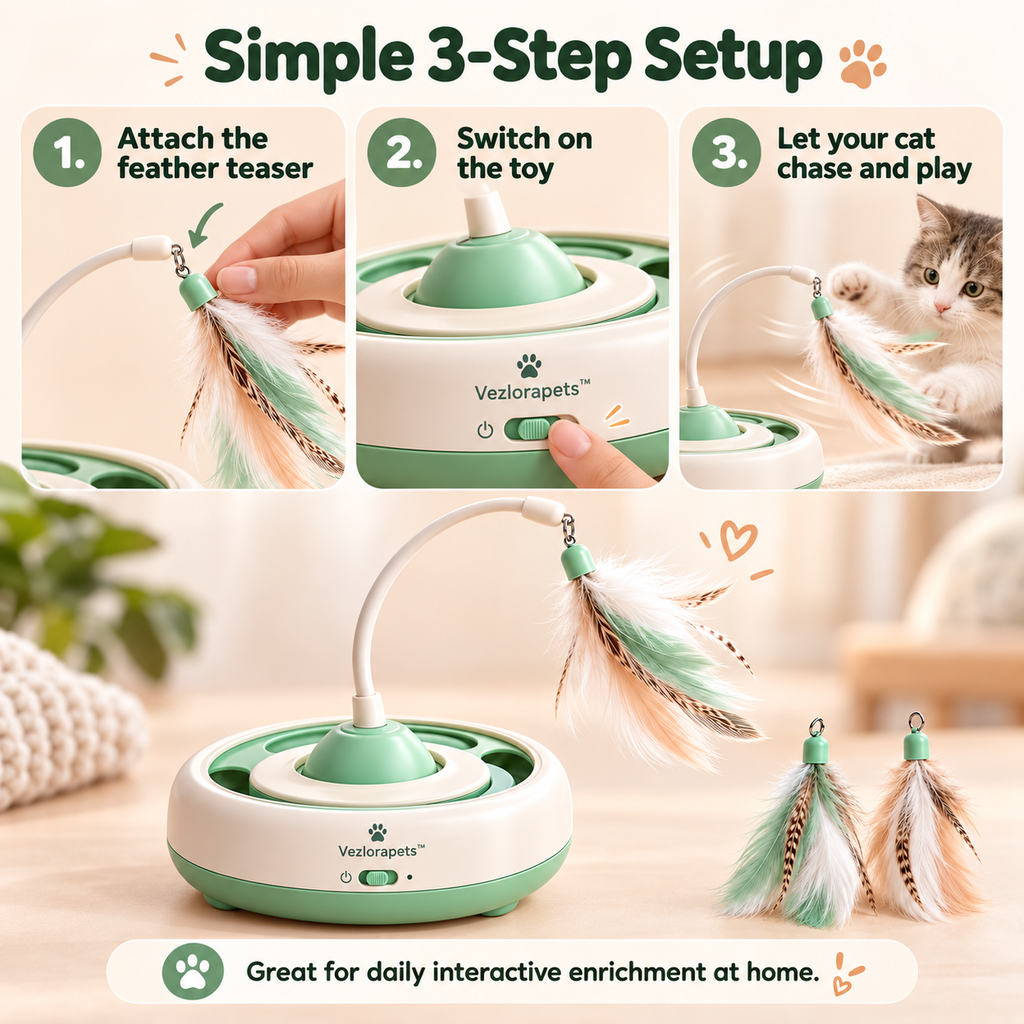 Vezlorapets™ WhirlFeather Interactive Cat Toy — Rotating Feather Teaser for Indoor Play
