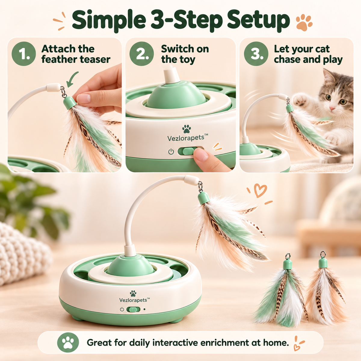 Vezlorapets™ WhirlFeather Interactive Cat Toy — Rotating Feather Teaser for Indoor Play