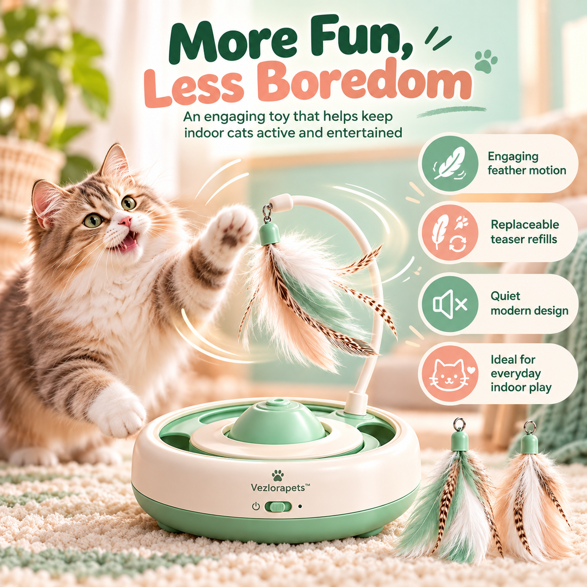 Vezlorapets™ WhirlFeather Interactive Cat Toy — Rotating Feather Teaser for Indoor Play