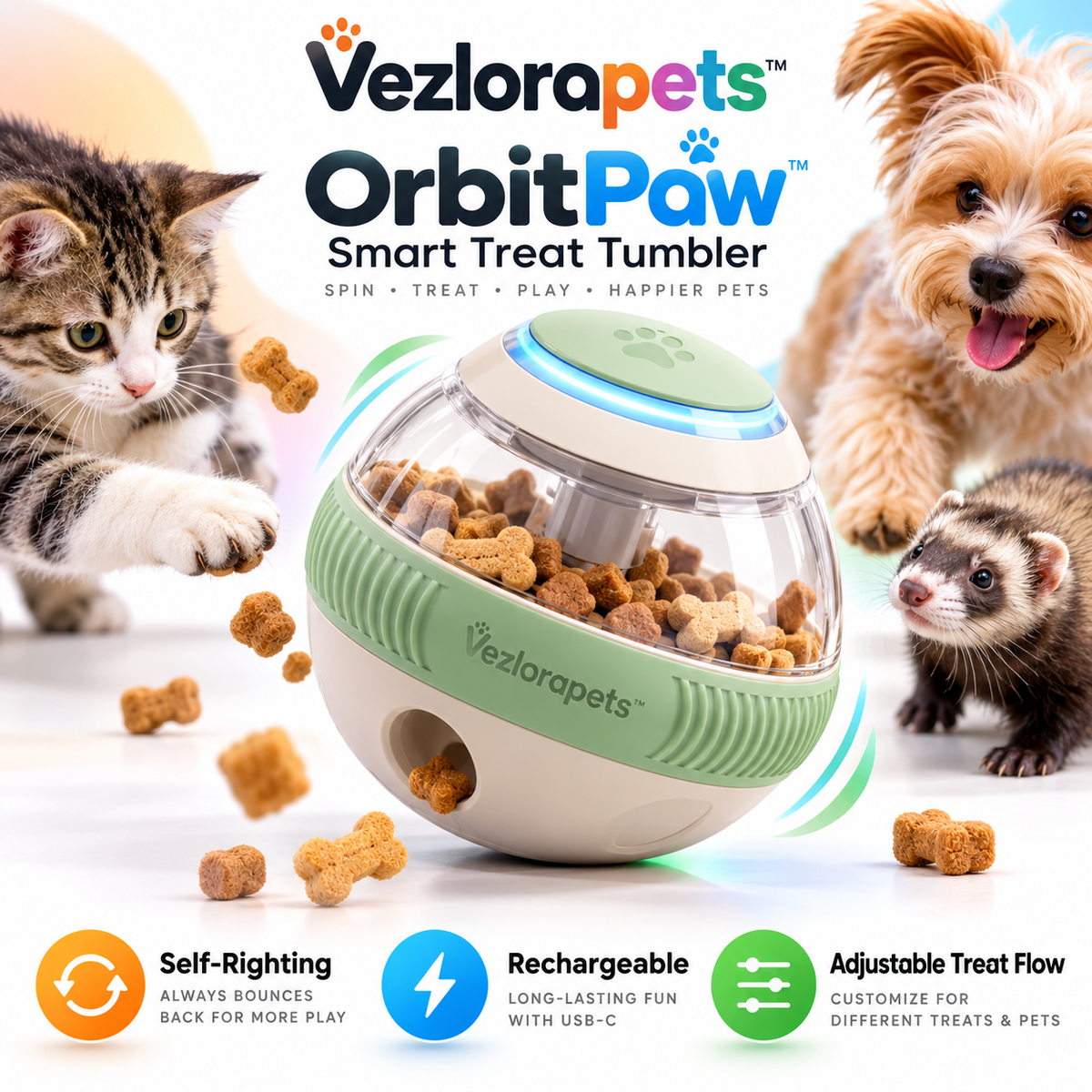 Vezlorapets™ OrbitPaw™ Smart Treat Tumbler – Interactive Self-Rolling Treat Dispenser & Puzzle Toy for Cats, Small Dogs & Ferrets