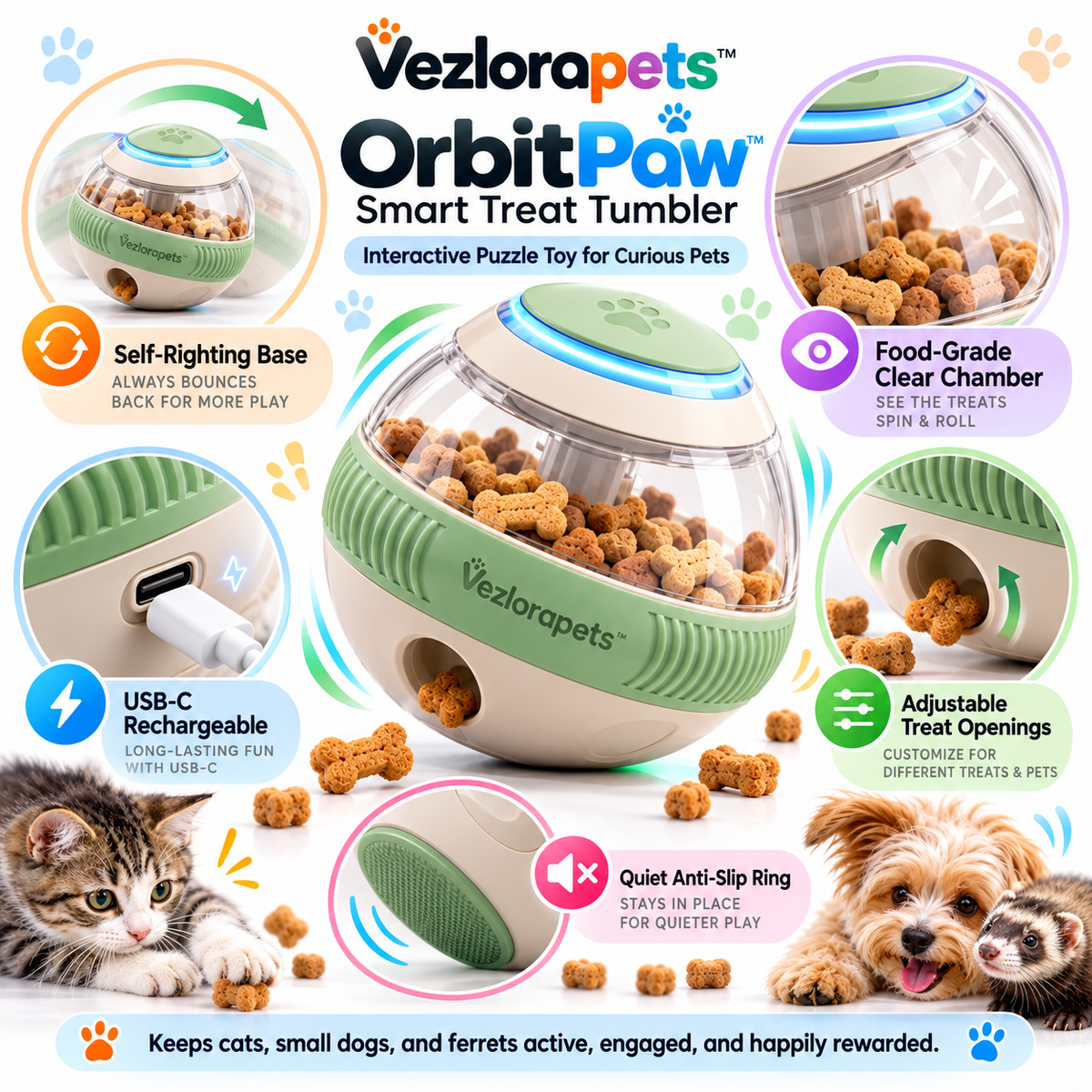 Vezlorapets™ OrbitPaw™ Smart Treat Tumbler – Interactive Self-Rolling Treat Dispenser & Puzzle Toy for Cats, Small Dogs & Ferrets