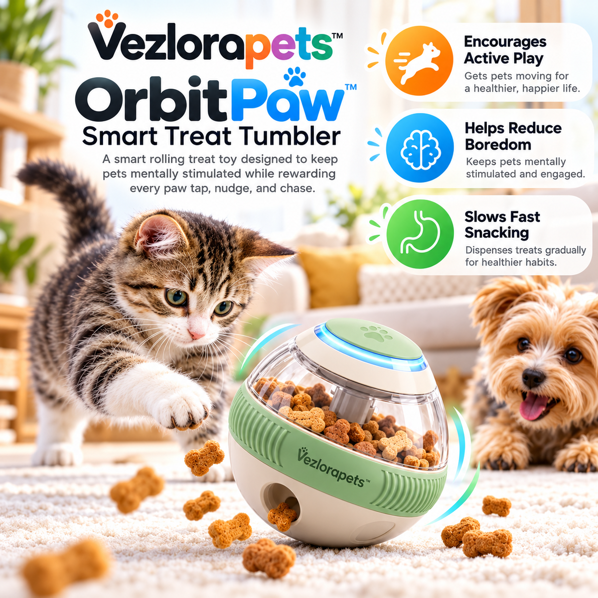 Vezlorapets™ OrbitPaw™ Smart Treat Tumbler – Interactive Self-Rolling Treat Dispenser & Puzzle Toy for Cats, Small Dogs & Ferrets