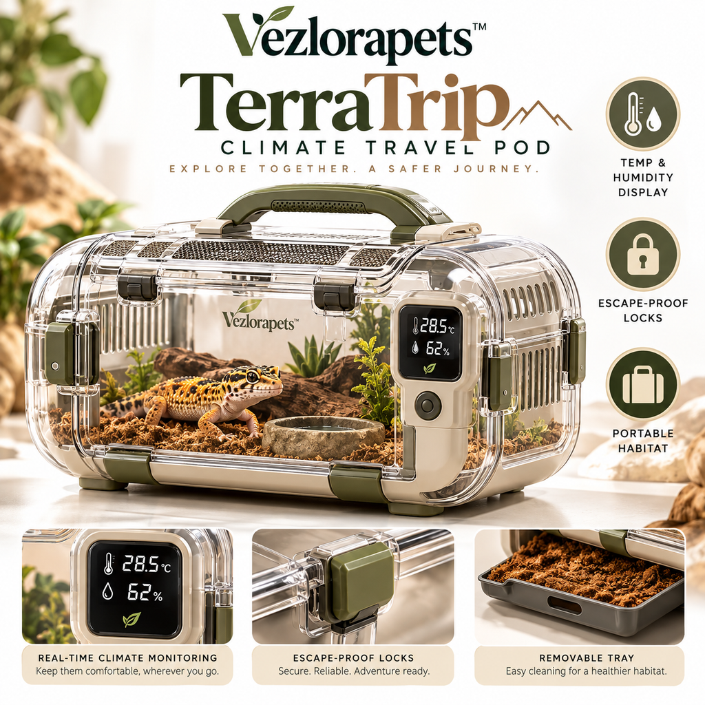 Vezlorapets™ TerraTrip™ Climate Travel Pod – Portable Temperature & Humidity Monitoring Habitat Carrier for Reptiles & Amphibians