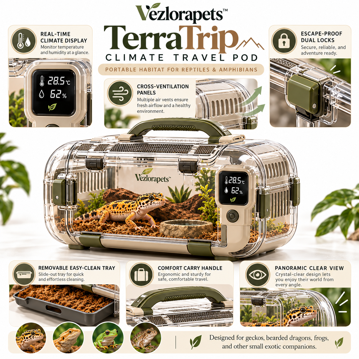 Vezlorapets™ TerraTrip™ Climate Travel Pod – Portable Temperature & Humidity Monitoring Habitat Carrier for Reptiles & Amphibians