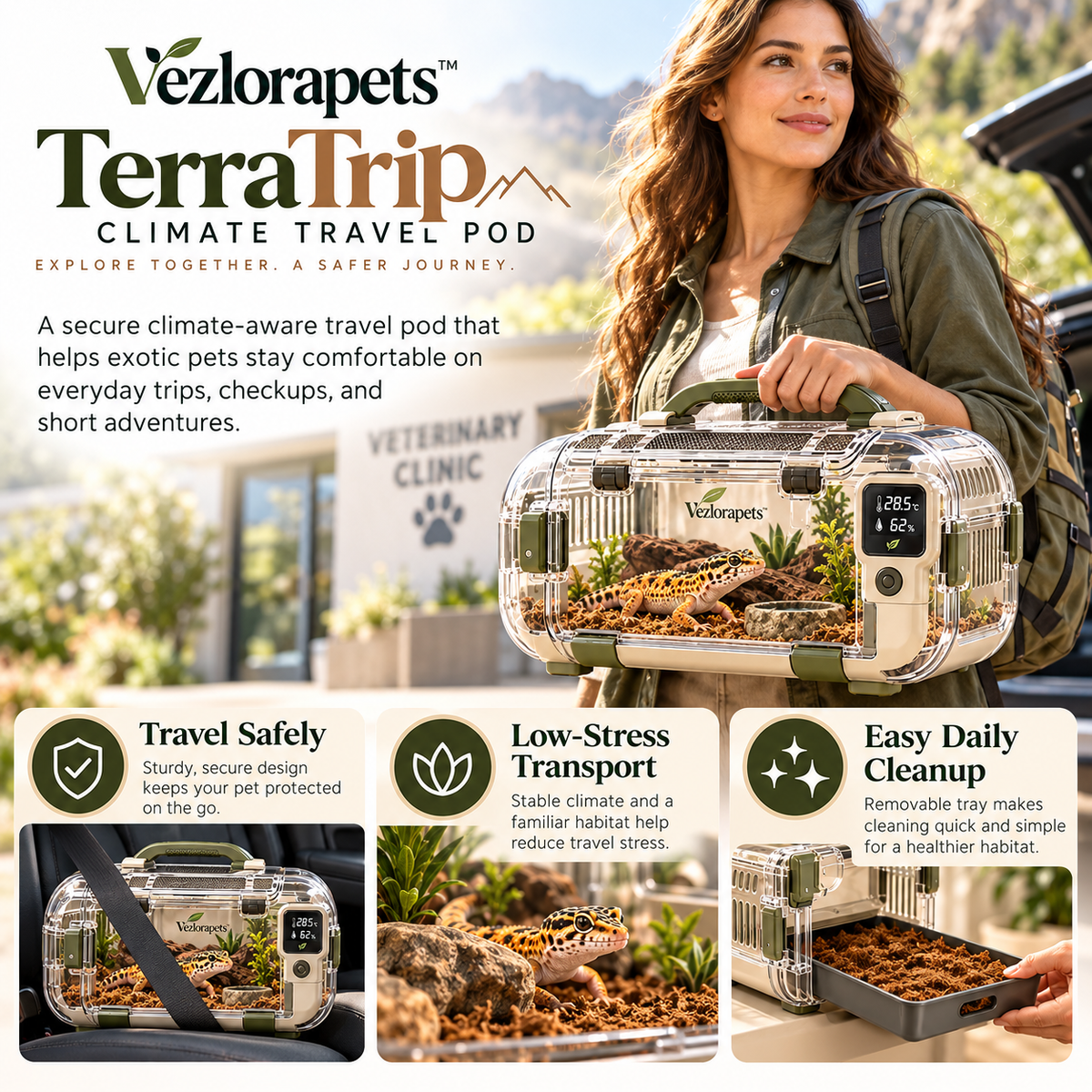 Vezlorapets™ TerraTrip™ Climate Travel Pod – Portable Temperature & Humidity Monitoring Habitat Carrier for Reptiles & Amphibians
