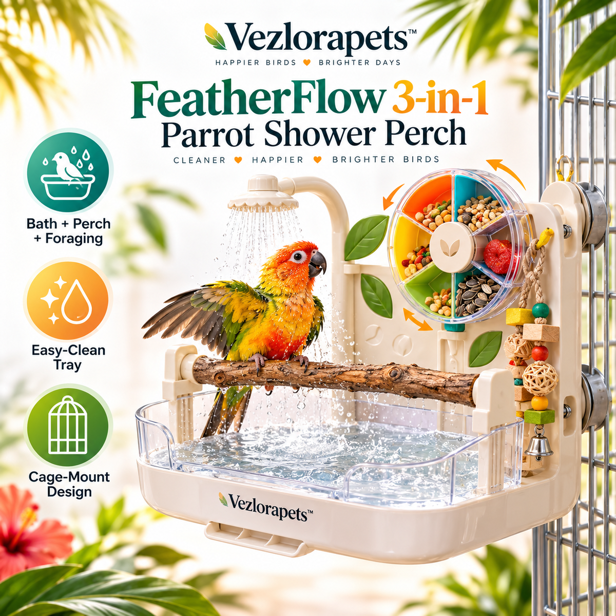 Vezlorapets™ FeatherFlow™ 3-in-1 Parrot Shower Perch – Cage-Mount Bathing, Perching & Foraging Enrichment Station for Birds