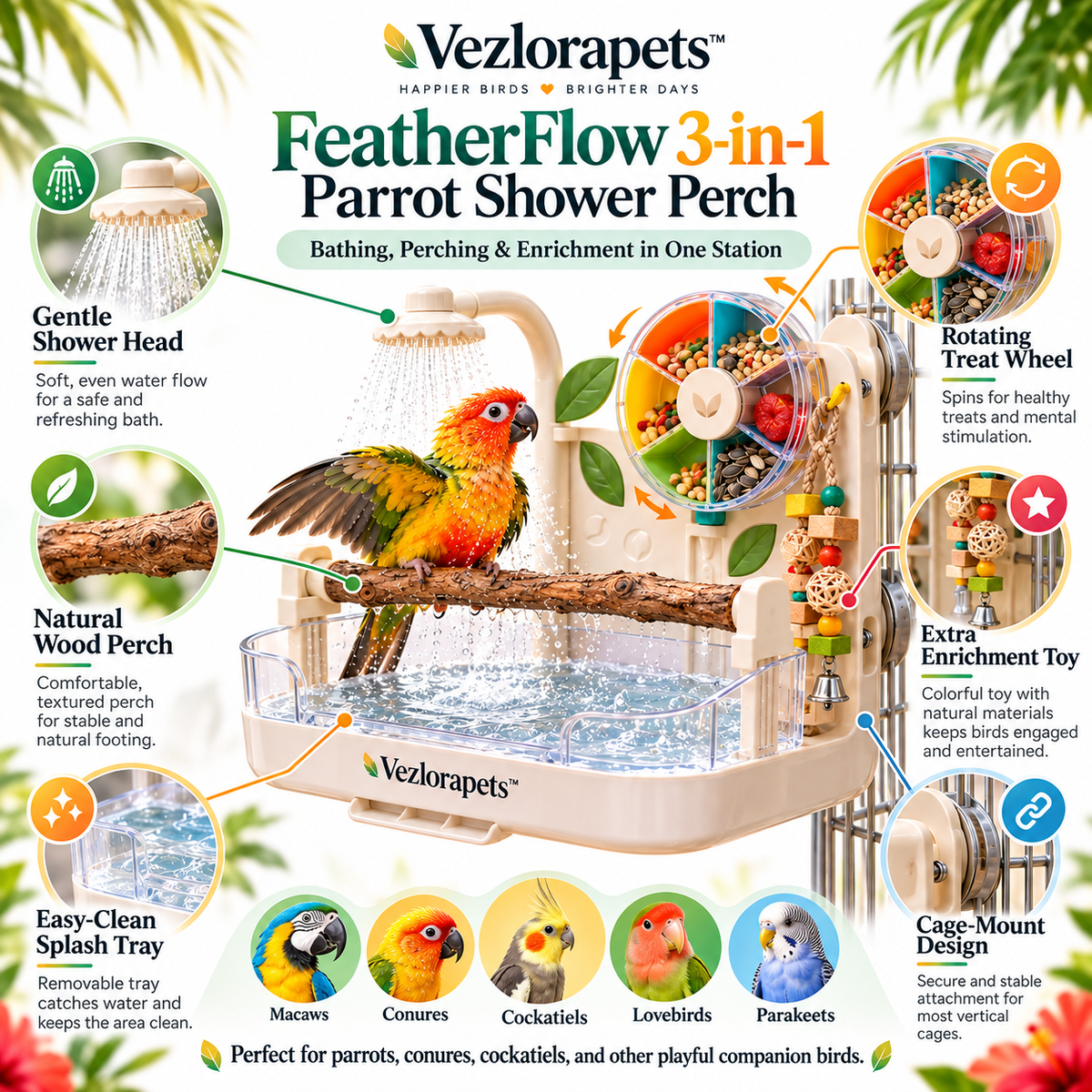 Vezlorapets™ FeatherFlow™ 3-in-1 Parrot Shower Perch – Cage-Mount Bathing, Perching & Foraging Enrichment Station for Birds