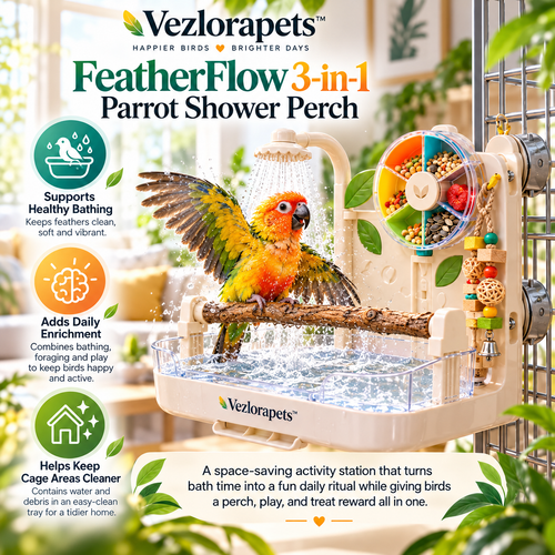 Vezlorapets™ FeatherFlow™ 3-in-1 Parrot Shower Perch – Cage-Mount Bathing, Perching & Foraging Enrichment Station for Birds