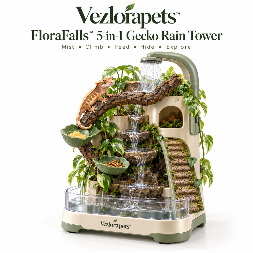 Vezlorapets™ FloraFalls™ 5-in-1 Gecko Rain Tower – Misting, Waterfall, Feeding, Climbing & Hideaway Enrichment Station for Crested Geckos & Small Arboreal Reptiles