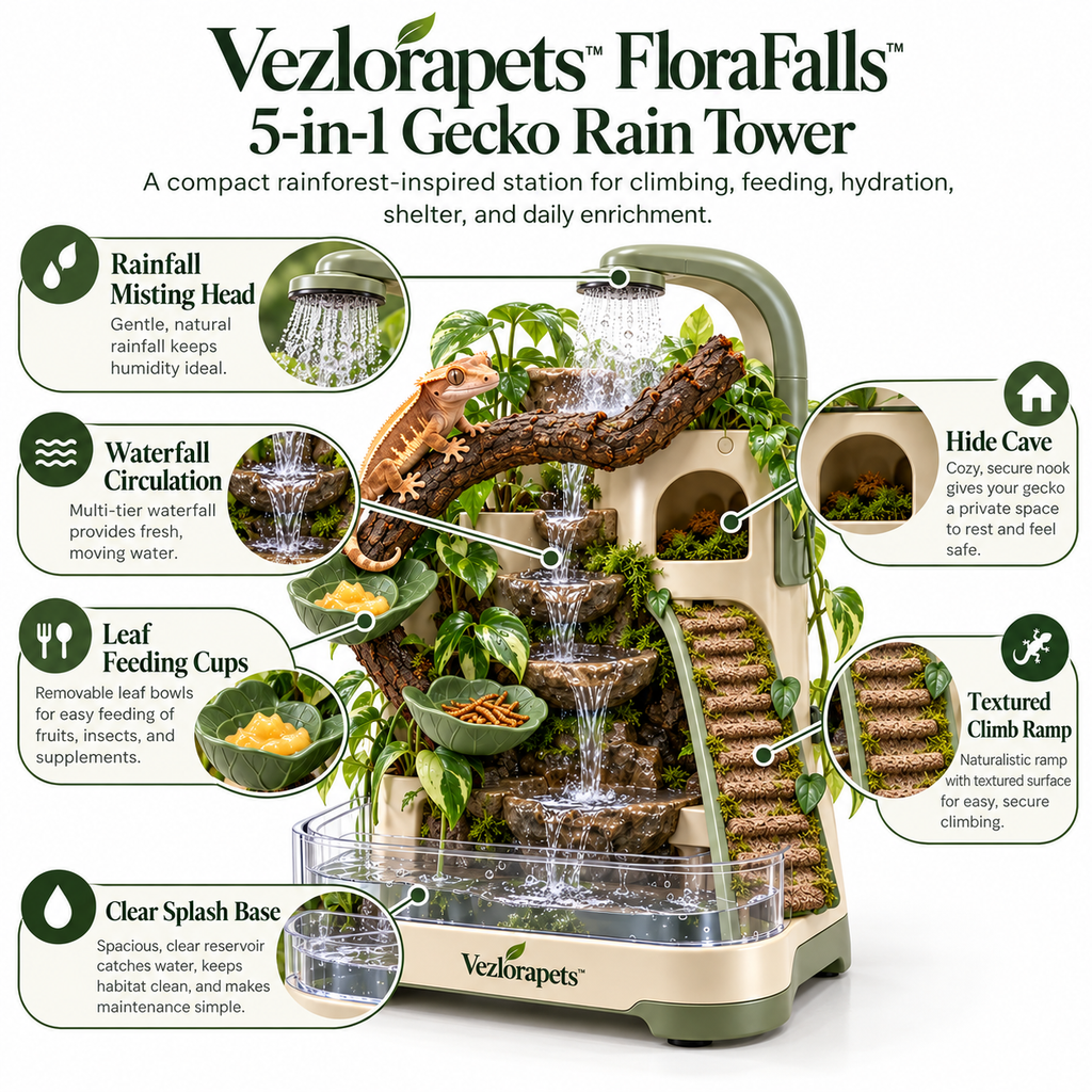 Vezlorapets™ FloraFalls™ 5-in-1 Gecko Rain Tower – Misting, Waterfall, Feeding, Climbing & Hideaway Enrichment Station for Crested Geckos & Small Arboreal Reptiles