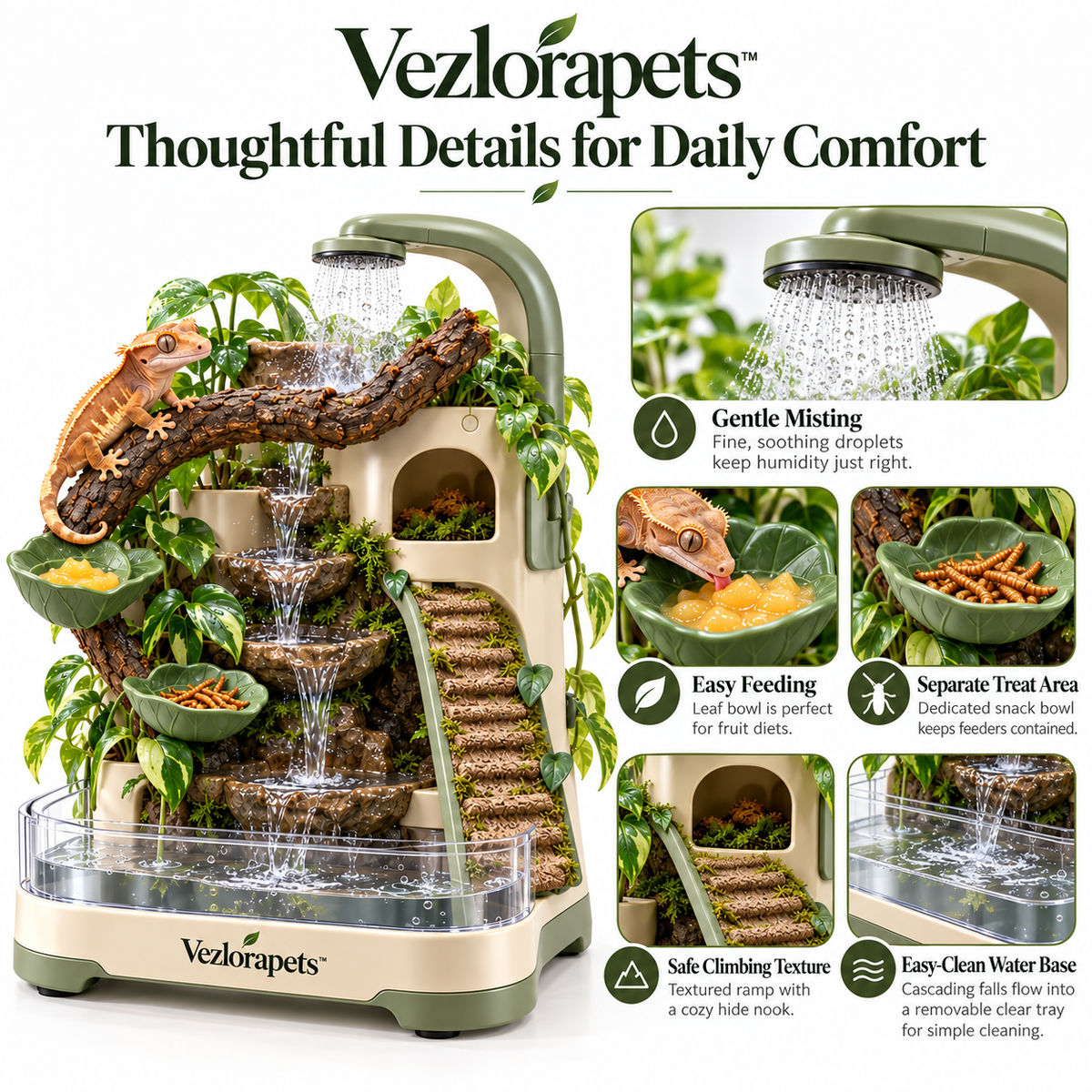 Vezlorapets™ FloraFalls™ 5-in-1 Gecko Rain Tower – Misting, Waterfall, Feeding, Climbing & Hideaway Enrichment Station for Crested Geckos & Small Arboreal Reptiles