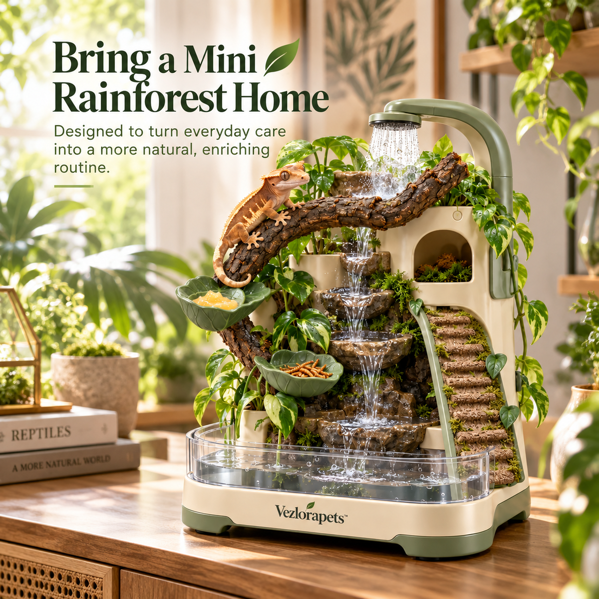 Vezlorapets™ FloraFalls™ 5-in-1 Gecko Rain Tower – Misting, Waterfall, Feeding, Climbing & Hideaway Enrichment Station for Crested Geckos & Small Arboreal Reptiles