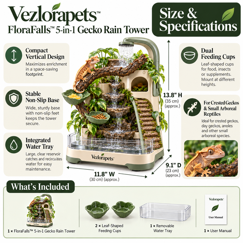 Vezlorapets™ FloraFalls™ 5-in-1 Gecko Rain Tower – Misting, Waterfall, Feeding, Climbing & Hideaway Enrichment Station for Crested Geckos & Small Arboreal Reptiles