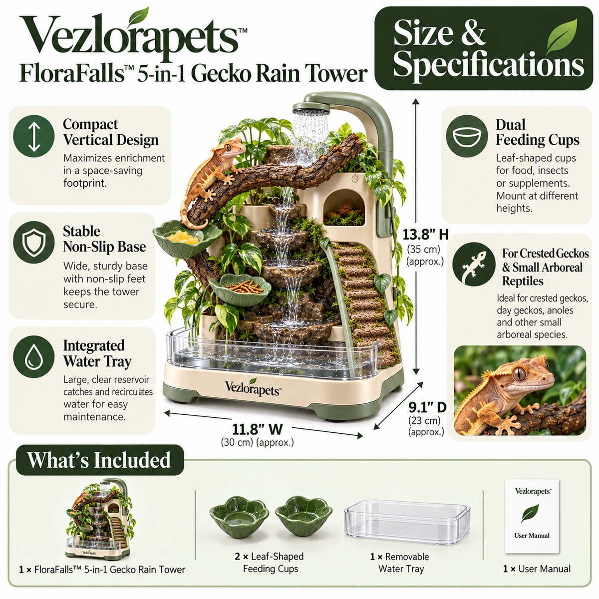 Vezlorapets™ FloraFalls™ 5-in-1 Gecko Rain Tower – Misting, Waterfall, Feeding, Climbing & Hideaway Enrichment Station for Crested Geckos & Small Arboreal Reptiles