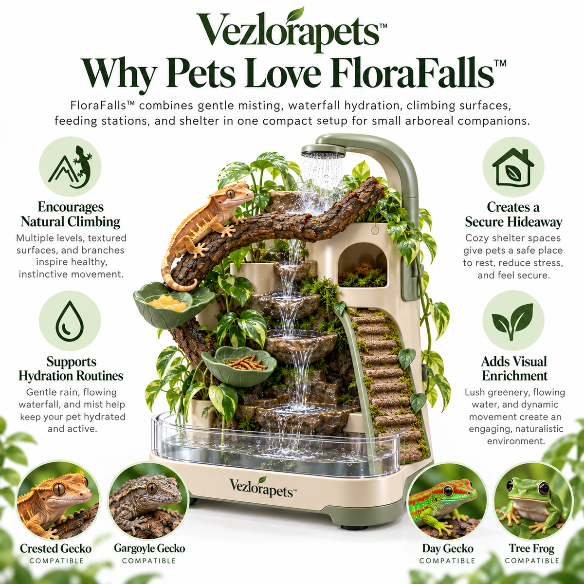 Vezlorapets™ FloraFalls™ 5-in-1 Gecko Rain Tower – Misting, Waterfall, Feeding, Climbing & Hideaway Enrichment Station for Crested Geckos & Small Arboreal Reptiles