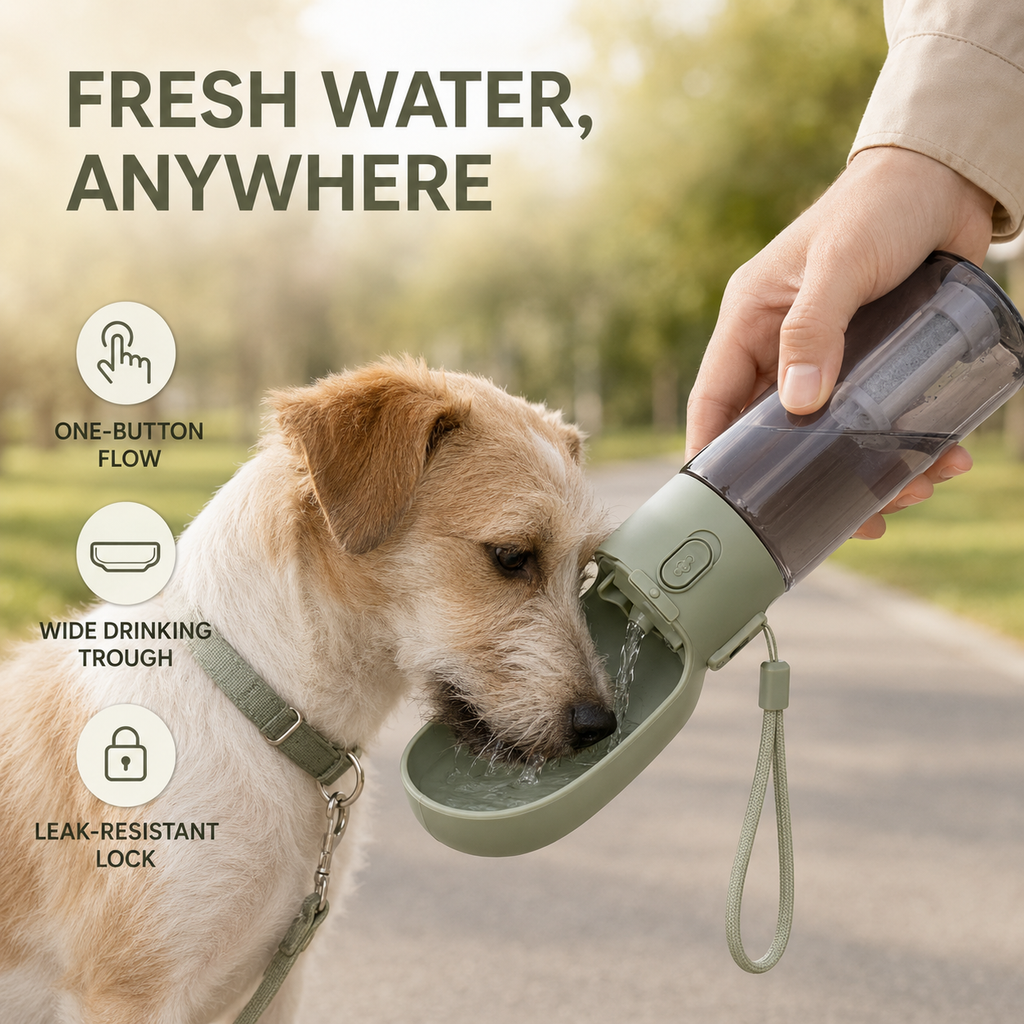 Vezlorapets™ TrailSip 600 ml Filtered Pet Water Bottle — Leak-Lock Travel Hydration