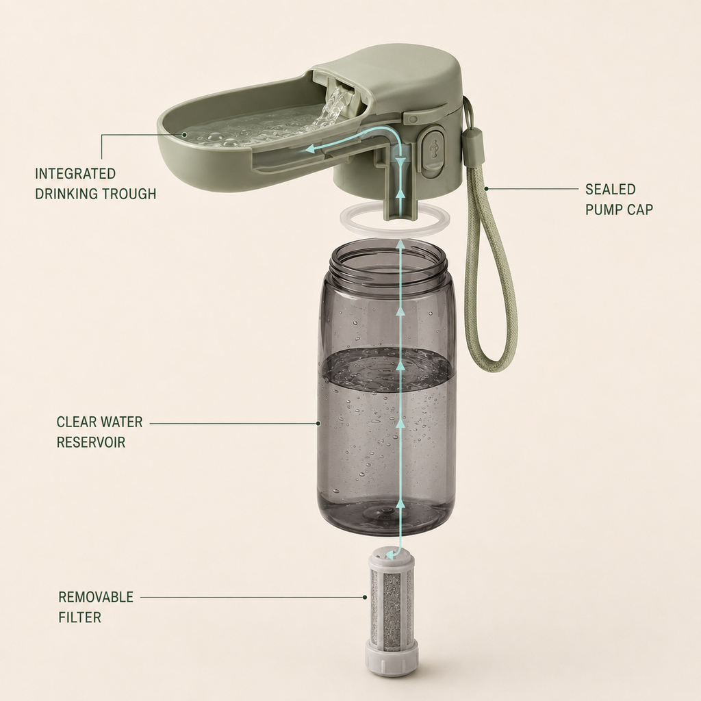 Vezlorapets™ TrailSip 600 ml Filtered Pet Water Bottle — Leak-Lock Travel Hydration