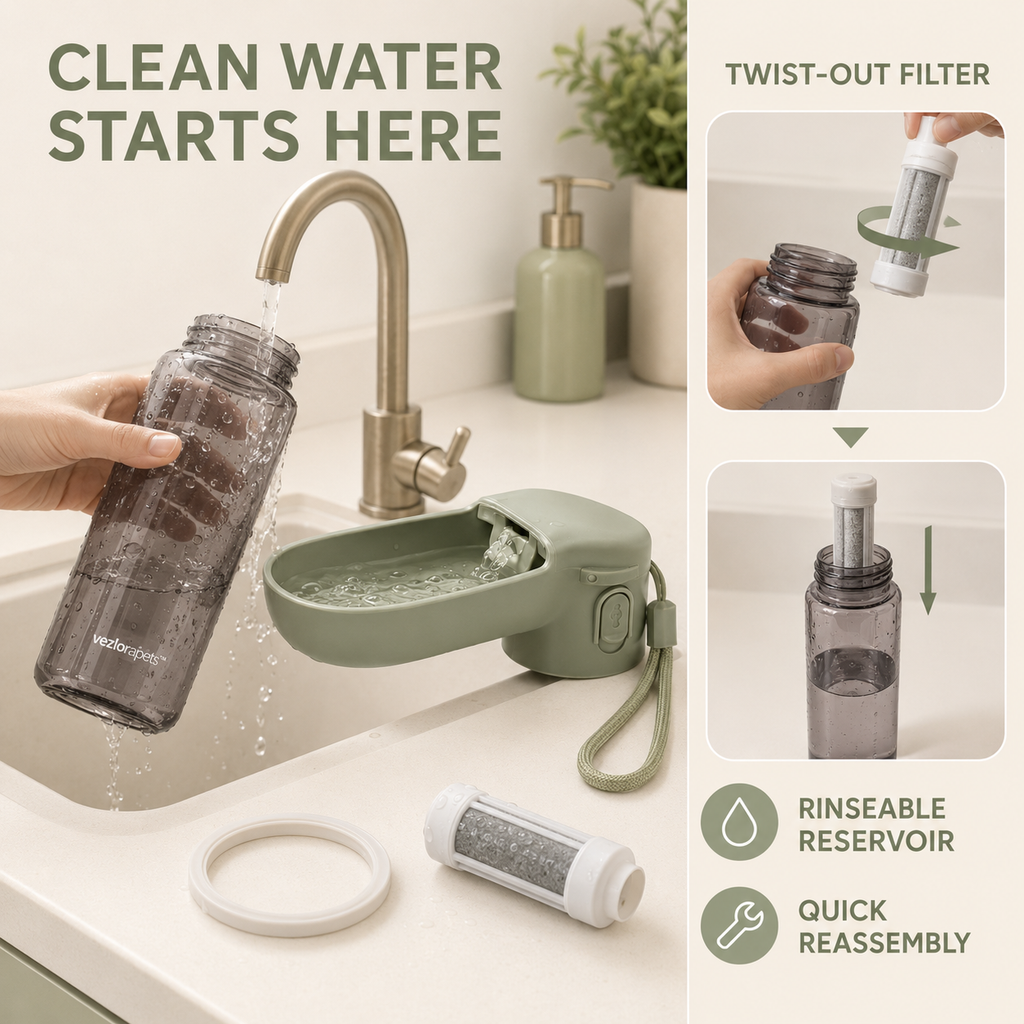 Vezlorapets™ TrailSip 600 ml Filtered Pet Water Bottle — Leak-Lock Travel Hydration