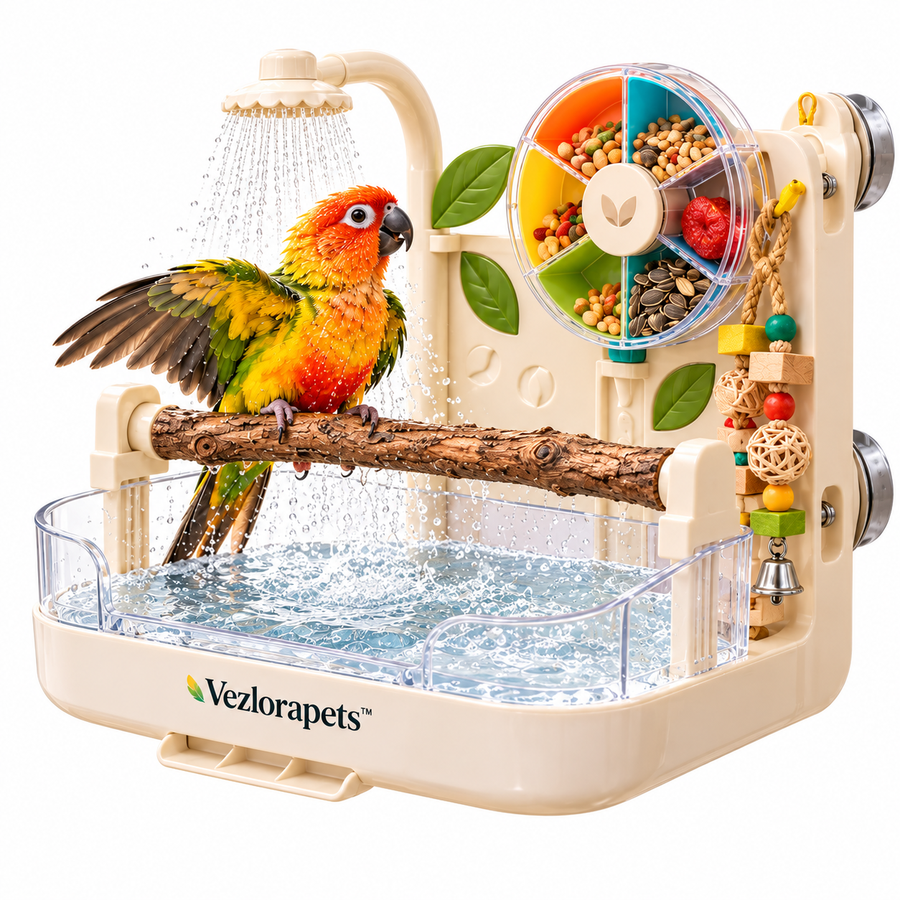 Vezlorapets™ FeatherFlow™ 3-in-1 Parrot Shower Perch – Cage-Mount Bathing, Perching & Foraging Enrichment Station for Birds