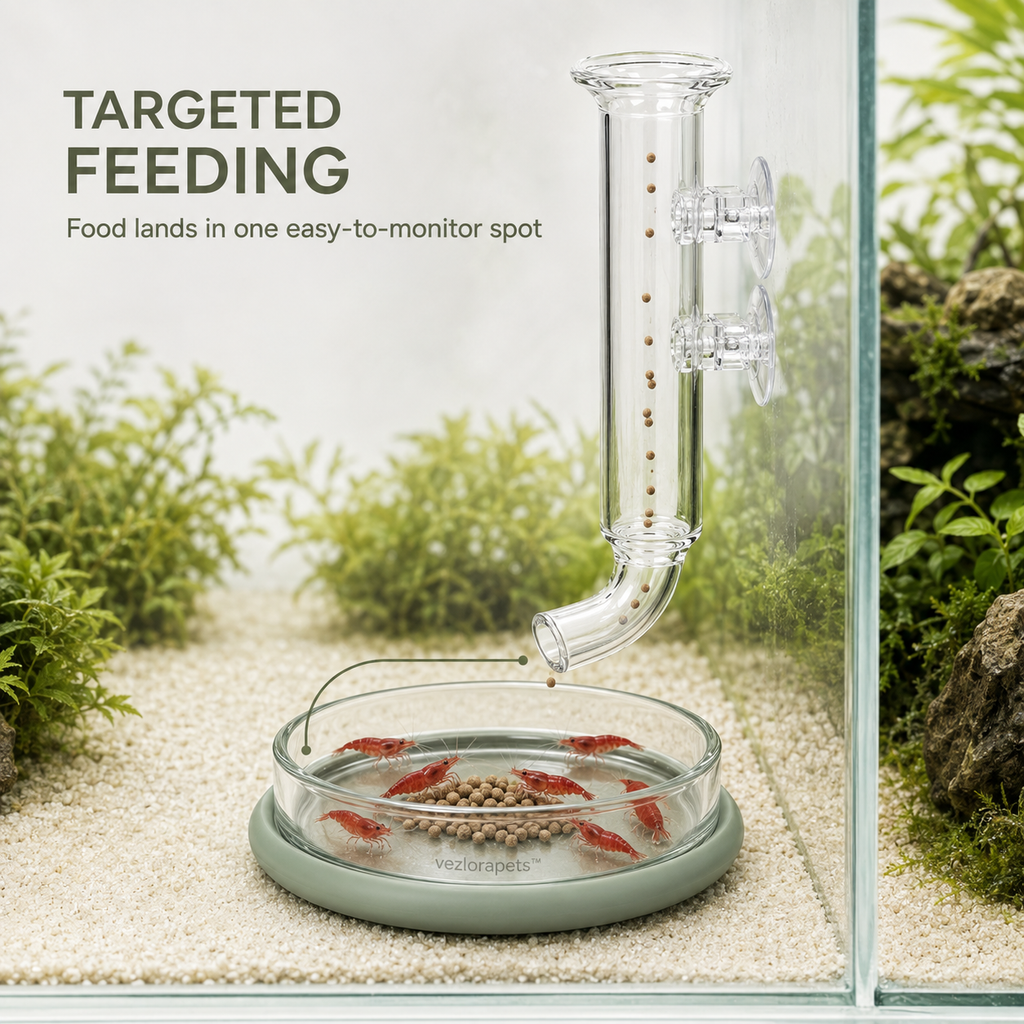 Vezlorapets™ AquaDrop Glass Shrimp Feeding Station — Tube, Dish & Measuring Spoon Set