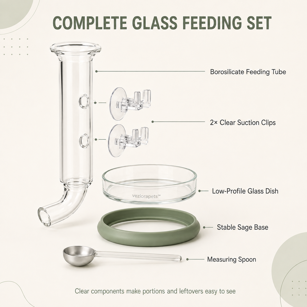 Vezlorapets™ AquaDrop Glass Shrimp Feeding Station — Tube, Dish & Measuring Spoon Set