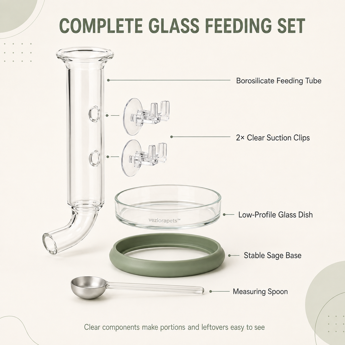 Vezlorapets™ AquaDrop Glass Shrimp Feeding Station — Tube, Dish & Measuring Spoon Set