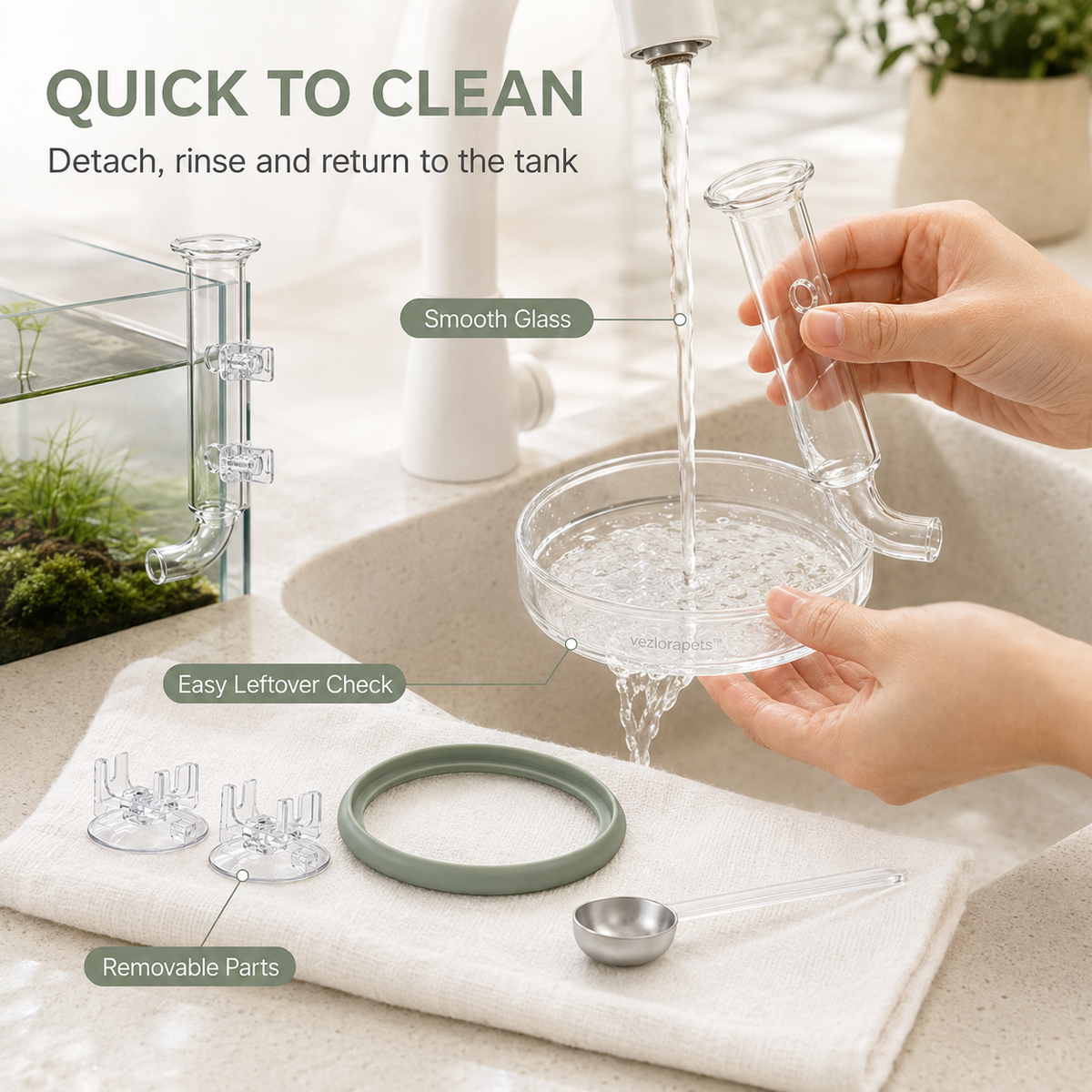 Vezlorapets™ AquaDrop Glass Shrimp Feeding Station — Tube, Dish & Measuring Spoon Set