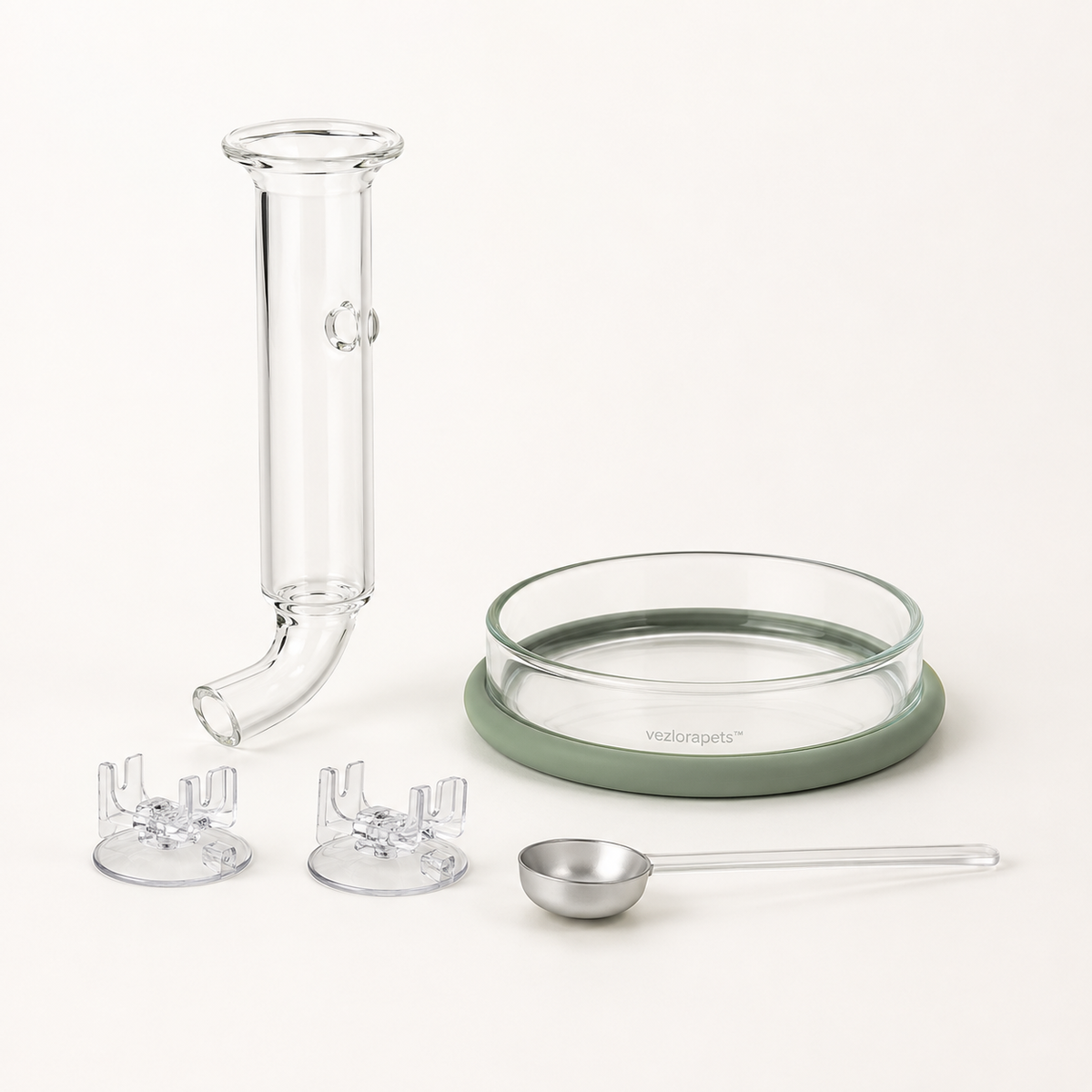 Vezlorapets™ AquaDrop Glass Shrimp Feeding Station — Tube, Dish & Measuring Spoon Set