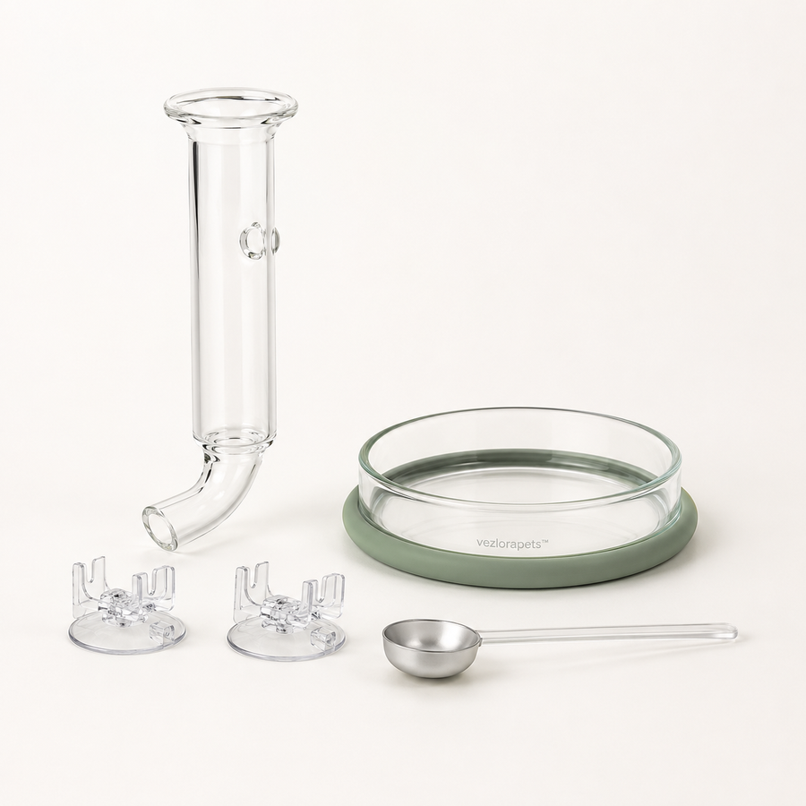 Vezlorapets™ AquaDrop Glass Shrimp Feeding Station — Tube, Dish & Measuring Spoon Set