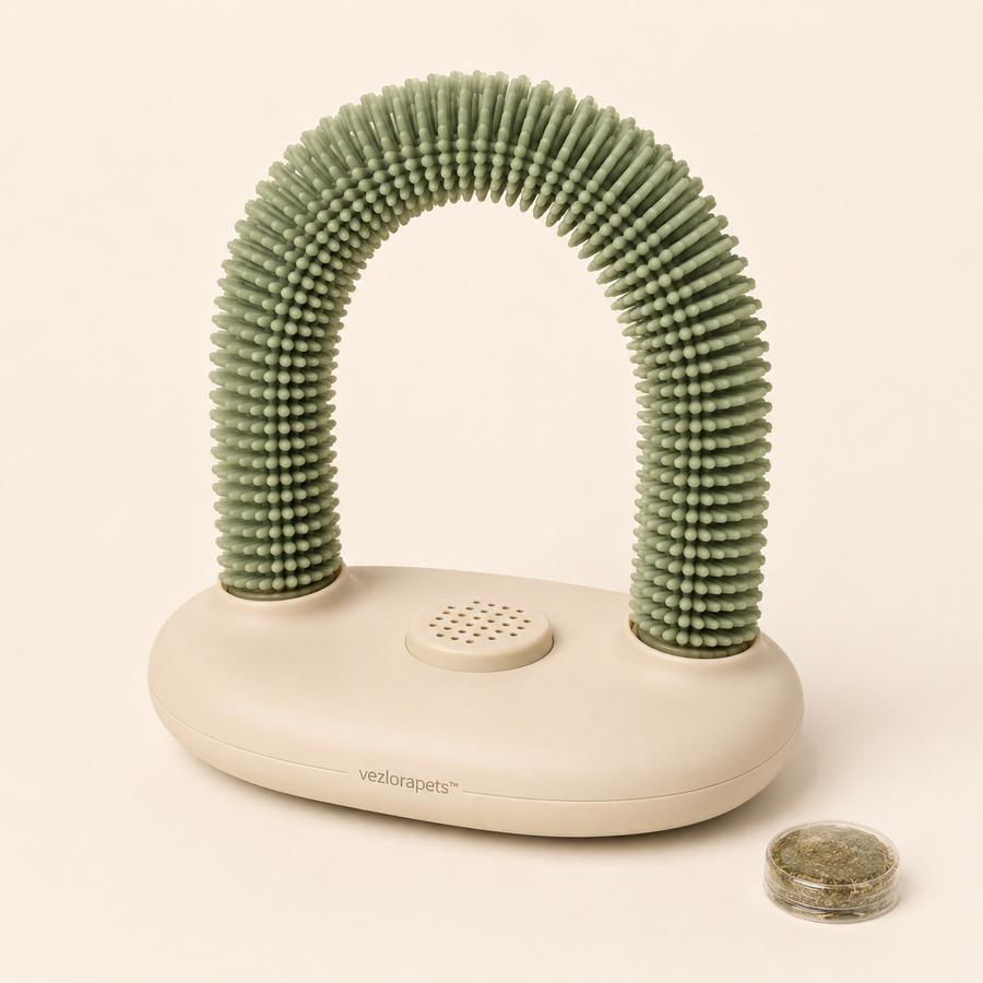 Vezlorapets™ PurrArc Cat Self-Grooming Station — Flexible Bristle Arch with Catnip Pod