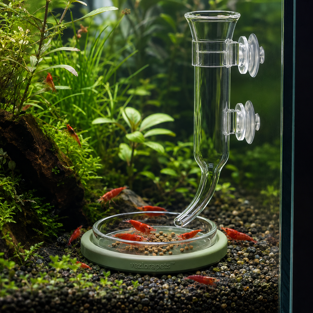 Vezlorapets™ AquaDrop Glass Shrimp Feeding Station — Tube, Dish & Measuring Spoon Set