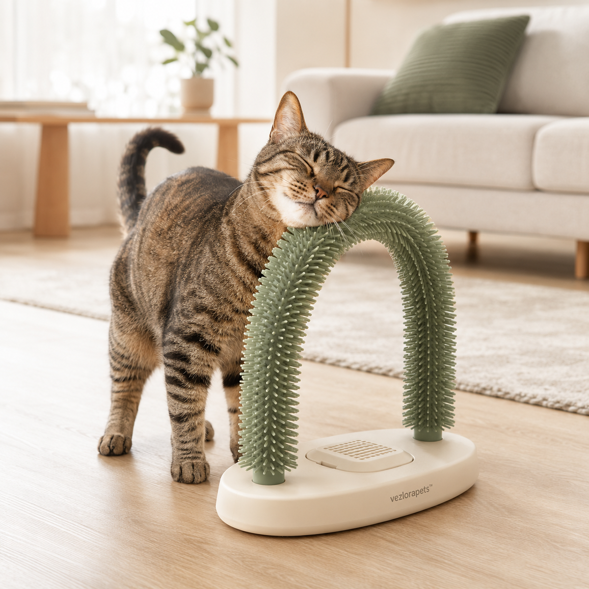Vezlorapets™ PurrArc Cat Self-Grooming Station — Flexible Bristle Arch with Catnip Pod
