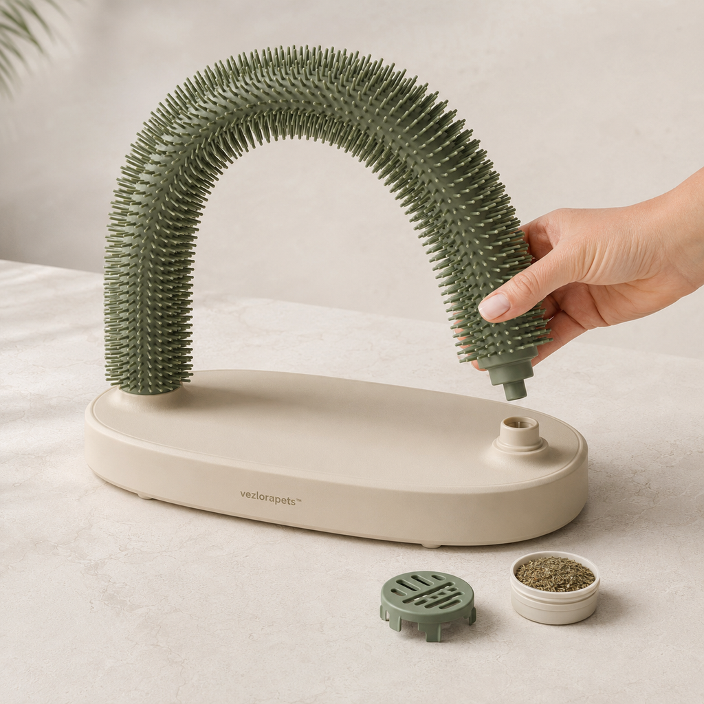 Vezlorapets™ PurrArc Cat Self-Grooming Station — Flexible Bristle Arch with Catnip Pod
