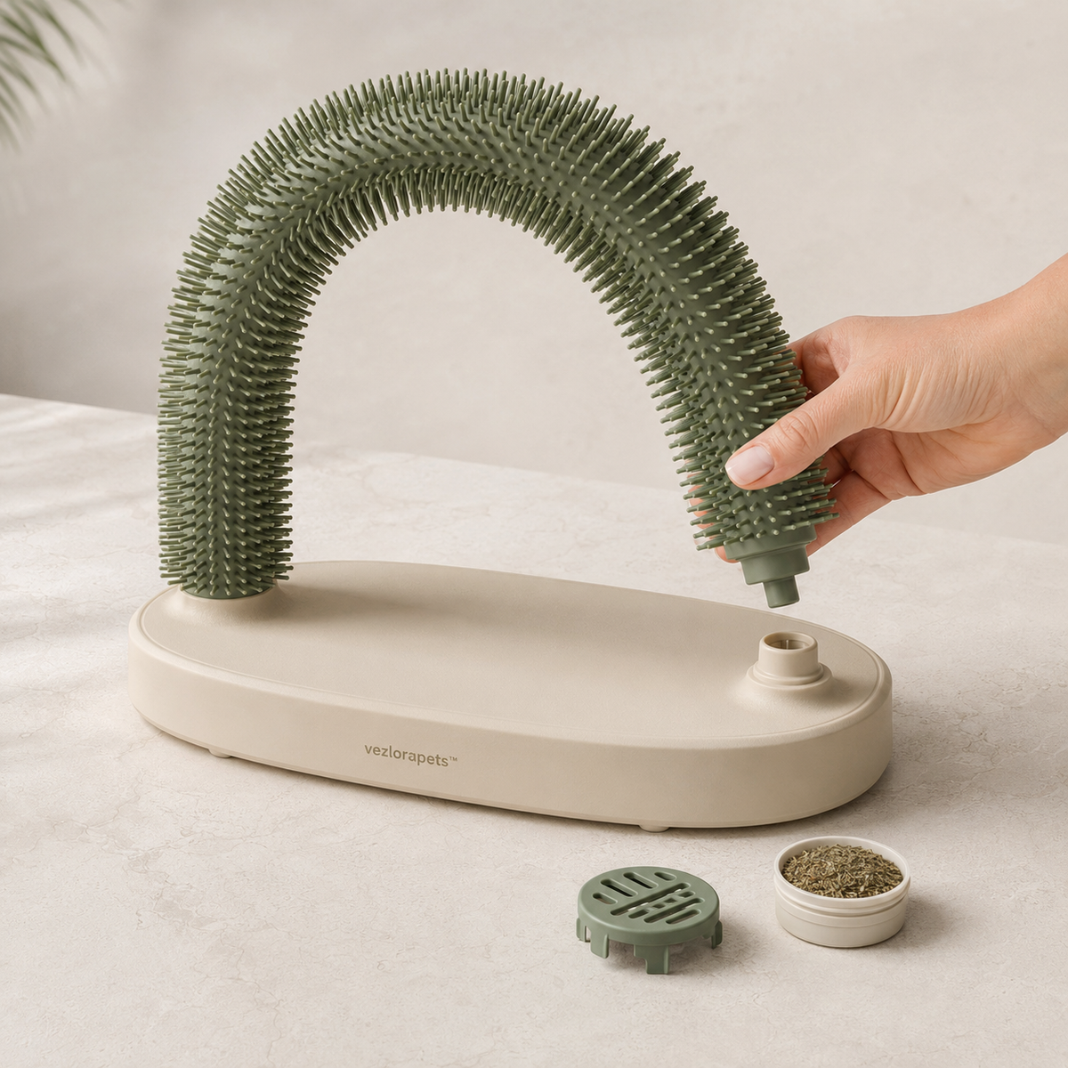 Vezlorapets™ PurrArc Cat Self-Grooming Station — Flexible Bristle Arch with Catnip Pod