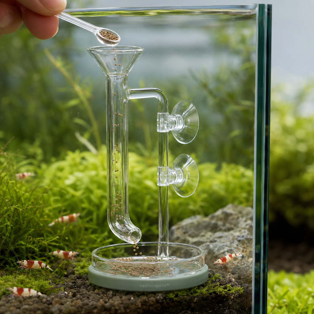 Vezlorapets™ AquaDrop Glass Shrimp Feeding Station — Tube, Dish & Measuring Spoon Set